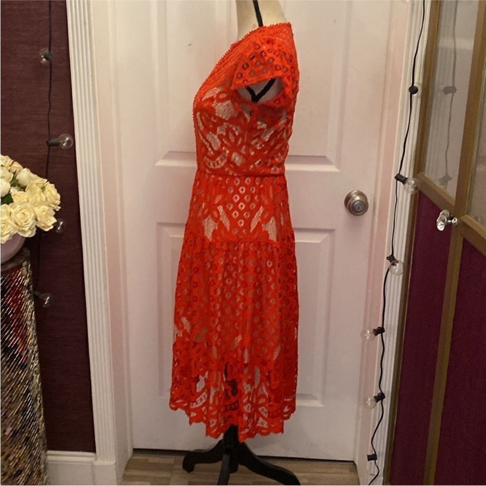 Parker Vibrant Red Lace Midi Dress, S - Picture 8 of 12